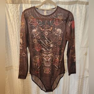Tattoo Print Long Sleeve Bodysuit size L/XL